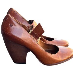 Frye Andrea Mary Jane Brown Leather Heels Size 8.5M With Chunky Wood-Like Heel